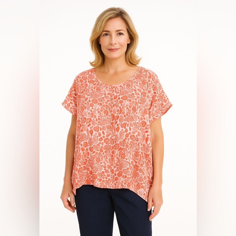 Sigrid Olsen Top Linen 1X Orange Shells Fish Tropical Beach Lagenlook Coastal